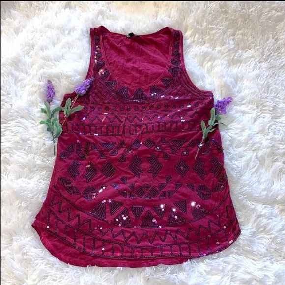 Vintage Y2K Express burgundy sequins tank top S - Picture 1 of 3